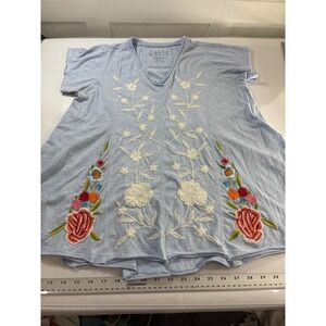 Caite Blue Cotton Floral Embroidered V-Neck Boho Slub Knit Top Small Whimsical